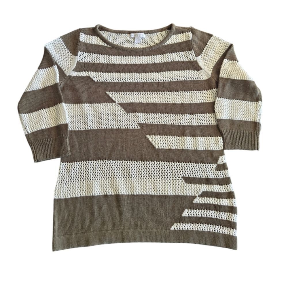 New York & Co Sweater Womens Size M 3/4 Sleeve Knit Pullover Green Striped